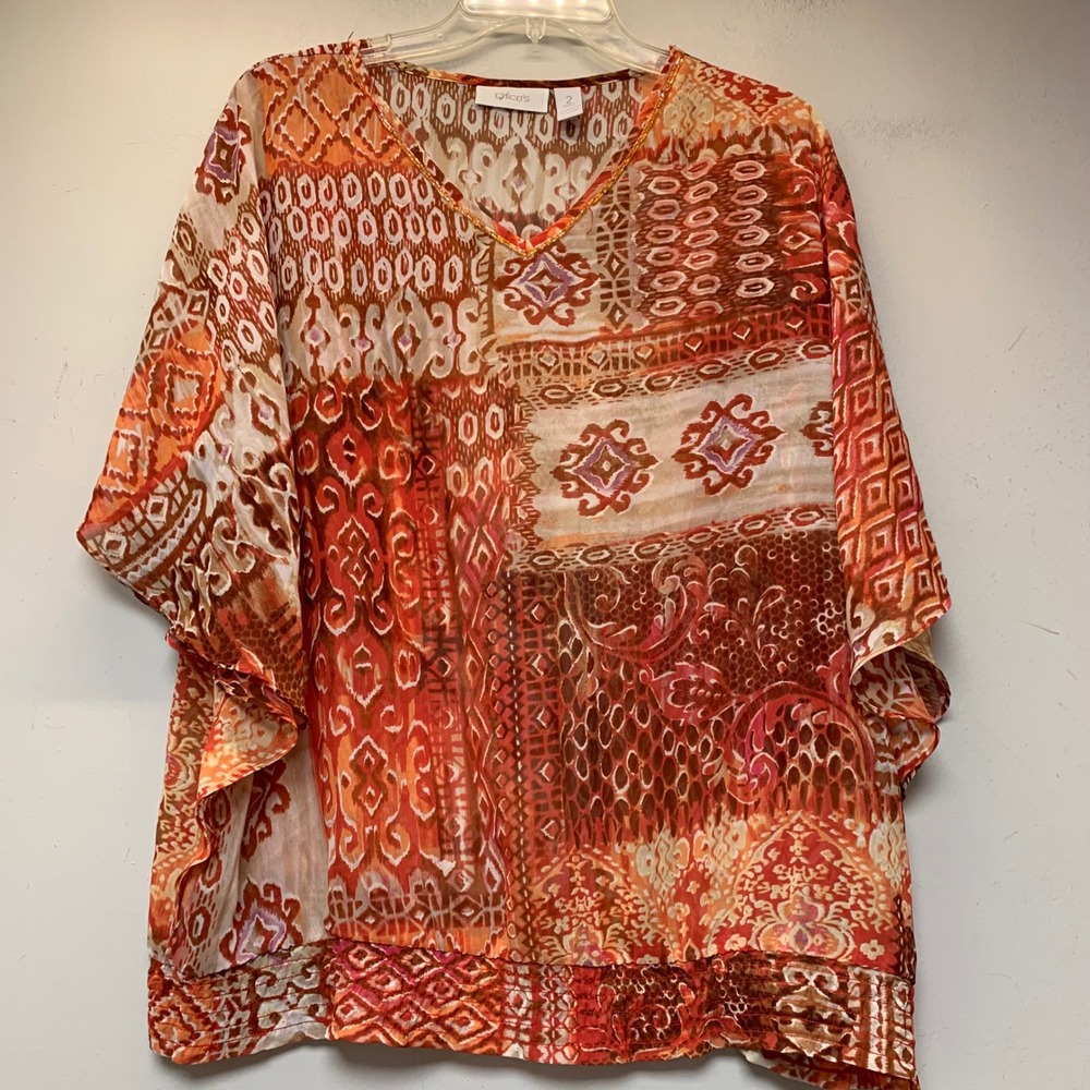 Chico's Dolman Blouse Womens 2 Orange Red Excellent Ikat Geometric Smocked Hem